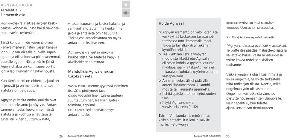 Näiden väliin jäävä Agnya-chakra on kuin kapea portti, jonka läpi kundalinin täytyy nousta. Kun tämä portti on ohitettu, ajatukset hiljenevät ja on mahdollista tuntea ajatukseton tietoisuus.
