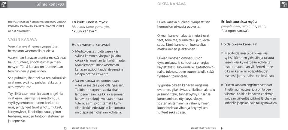 syvä ilo, puhdas rakkaus ja aito myötätunto. Tyypillisiä vasemman kanavan ongelmia ovat esim.