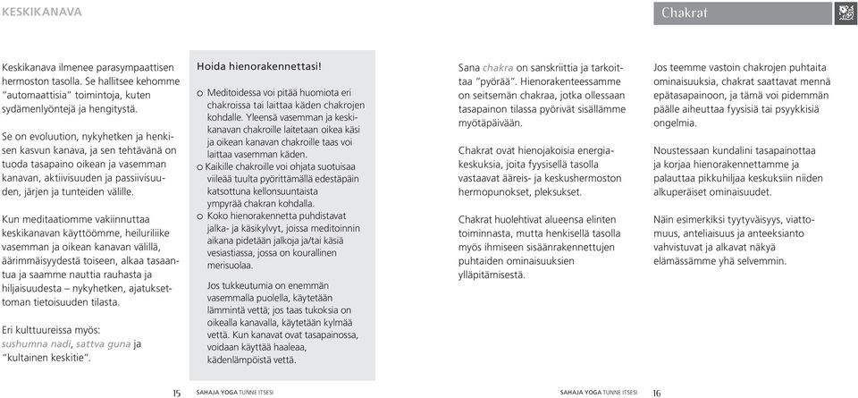 Kun meditaatiomme vakiinnuttaa keskikanavan käyttöömme, heiluriliike vasemman ja oikean kanavan välillä, äärimmäisyydestä toiseen, alkaa tasaantua ja saamme nauttia rauhasta ja hiljaisuudesta