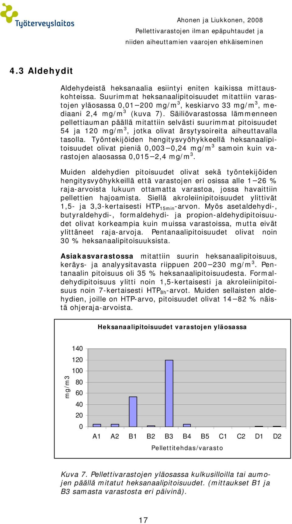 Säiliövarastossa lämmenneen pellettiauman päällä mitattiin selvästi suurimmat pitoisuudet 54 ja 120 mg/m 3, jotka olivat ärsytysoireita aiheuttavalla tasolla.