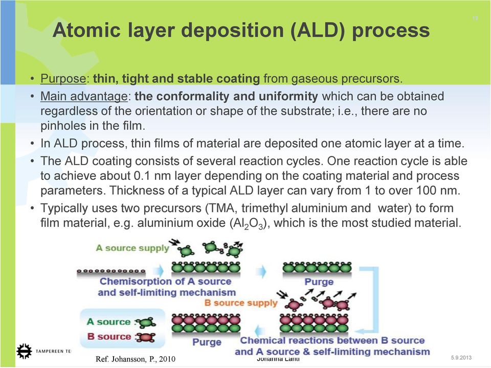 In ALD process, thin films of material are deposited one atomic layer at a time. The ALD coating consists of several reaction cycles. One reaction cycle is able to achieve about 0.