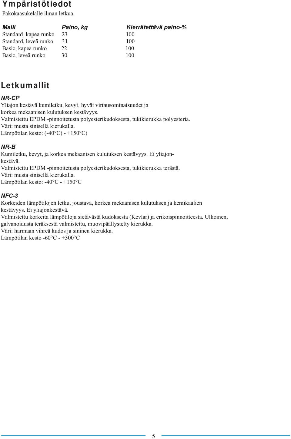 hyvät virtausominaisuudet ja korkea mekaanisen kulutuksen kestävyys. Valmistettu EPDM -pinnoitetusta polyesterikudoksesta, tukikierukka polyesteria. Väri: musta sinisellä kierukalla.