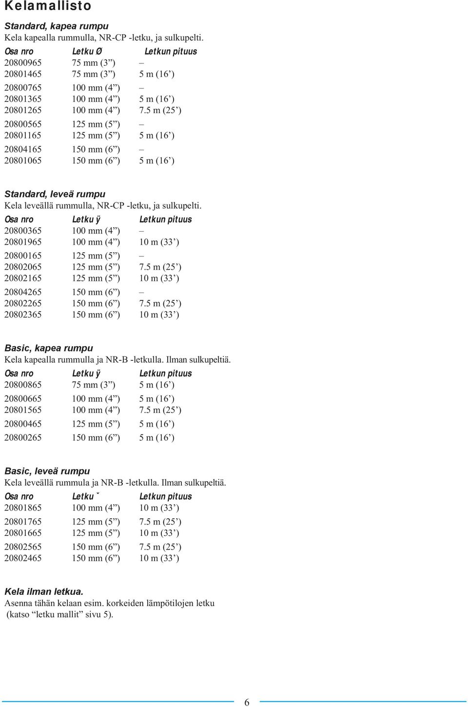 5 m (25 ) 20800565 125 mm (5 ) 20801165 125 mm (5 ) 5 m (16 ) 20804165 150 mm (6 ) 20801065 150 mm (6 ) 5 m (16 ) ÿ Standard, leveä rumpu Kela leveällä rummulla, NR-CP -letku, ja sulkupelti.