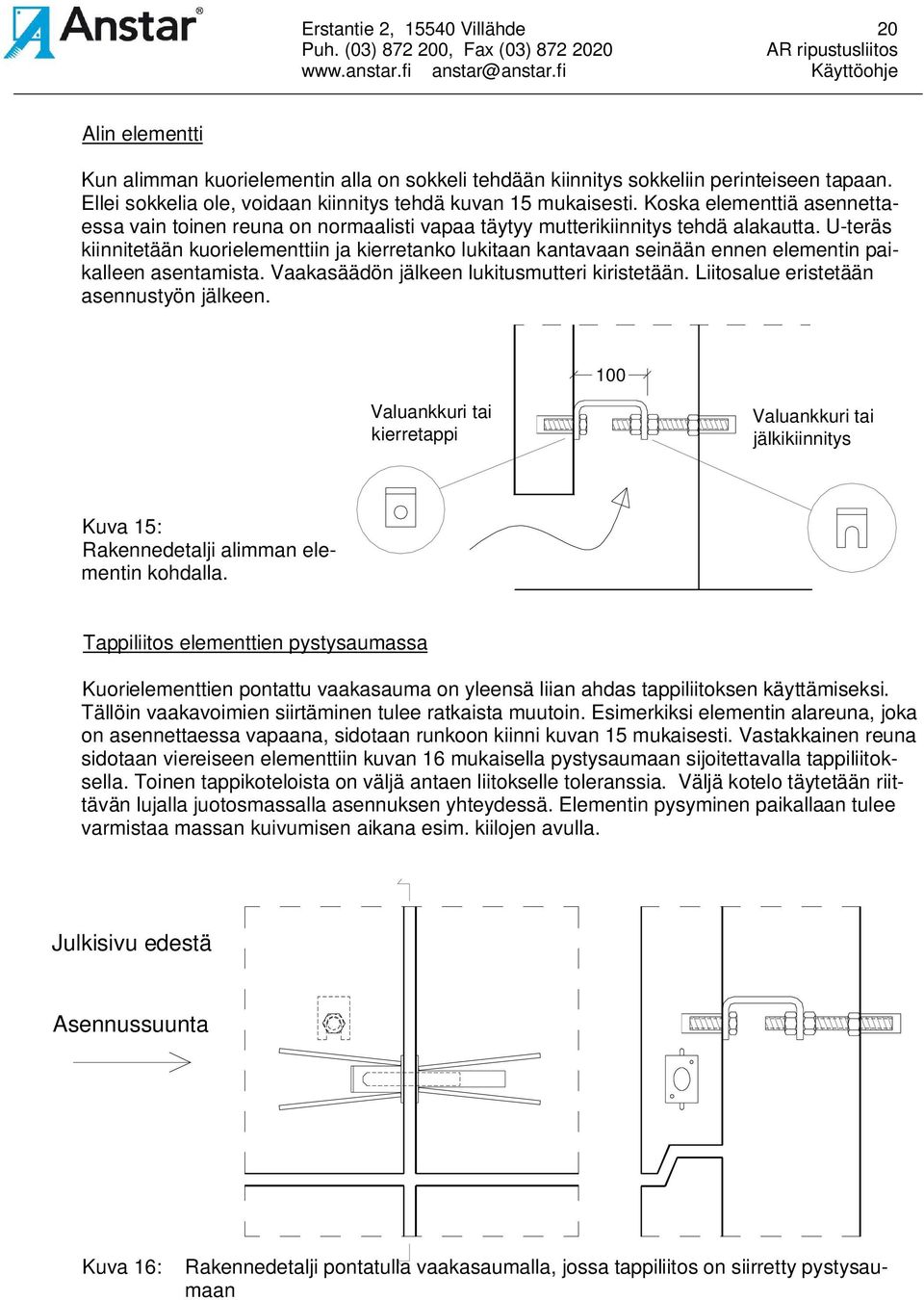 U-teräs kiinnitetään kuorielementtiin ja kierretanko lukitaan kantavaan seinään ennen elementin paikalleen asentamista. Vaakasäädön jälkeen lukitusmutteri kiristetään.