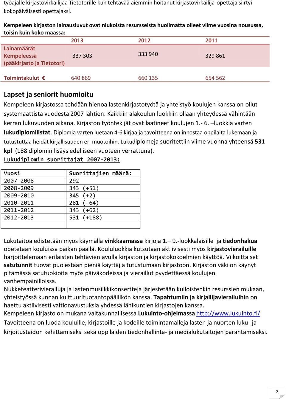 303 333 940 329 861 Toimintakulut 640 869 660 135 654 562 Lapset ja seniorit huomioitu Kempeleen kirjastossa tehdään hienoa lastenkirjastotyötä ja yhteistyö koulujen kanssa on ollut systemaattista