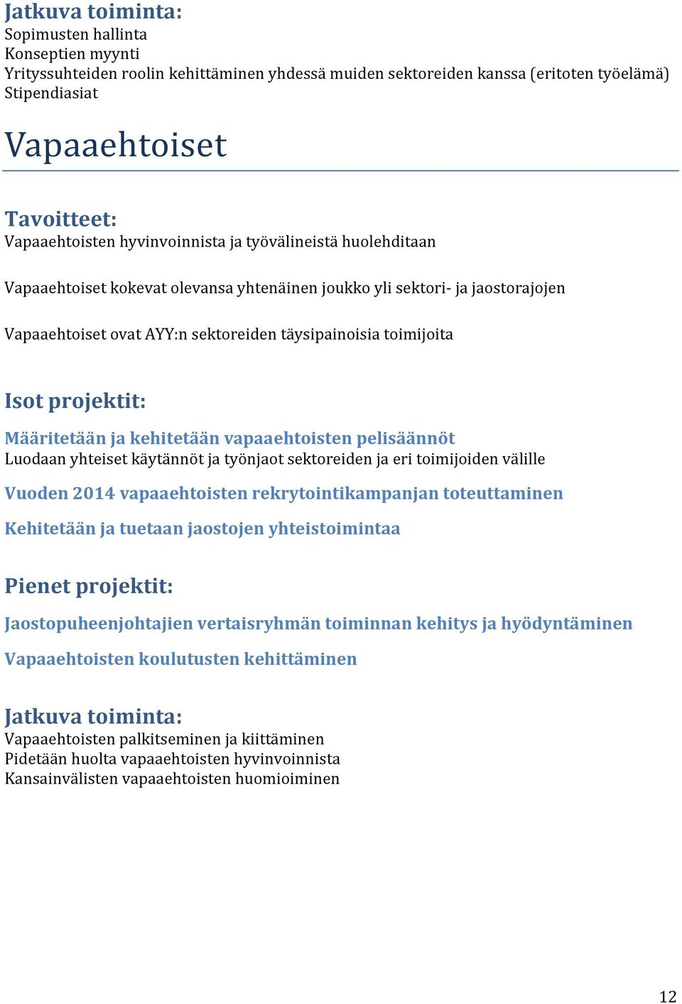 vapaaehtoisten pelisäännöt Luodaan yhteiset käytännöt ja työnjaot sektoreiden ja eri toimijoiden välille Vuoden 2014 vapaaehtoisten rekrytointikampanjan toteuttaminen Kehitetään ja tuetaan jaostojen