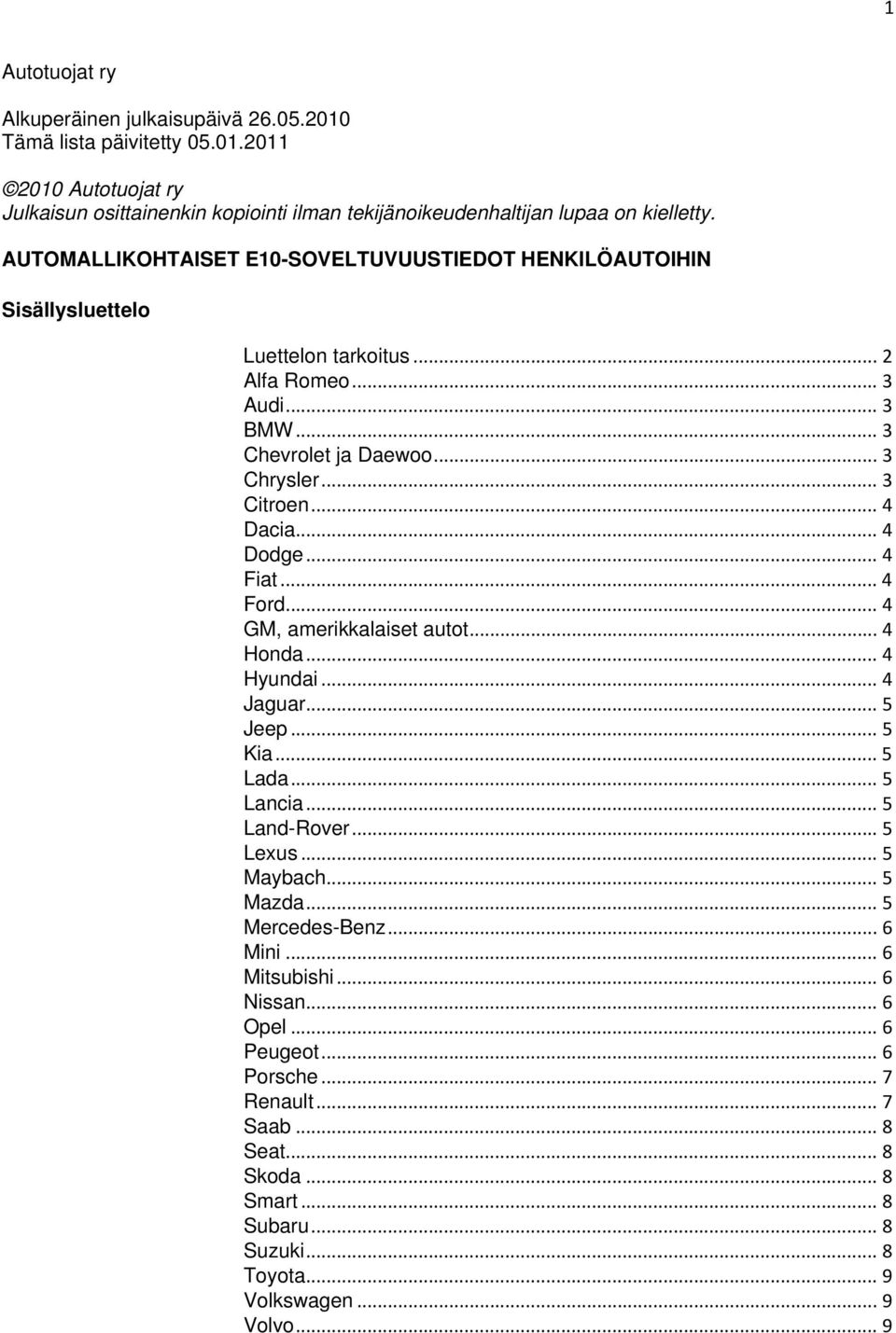 .. 4 Dodge... 4 Fiat... 4 Ford... 4 GM, amerikkalaiset autot... 4 Honda... 4 Hyundai... 4 Jaguar... 5 Jeep... 5 Kia... 5 Lada... 5 Lancia... 5 Land-Rover... 5 Lexus... 5 Maybach... 5 Mazda.