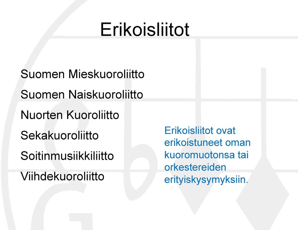 Soitinmusiikkiliitto Viihdekuoroliitto Erikoisliitot