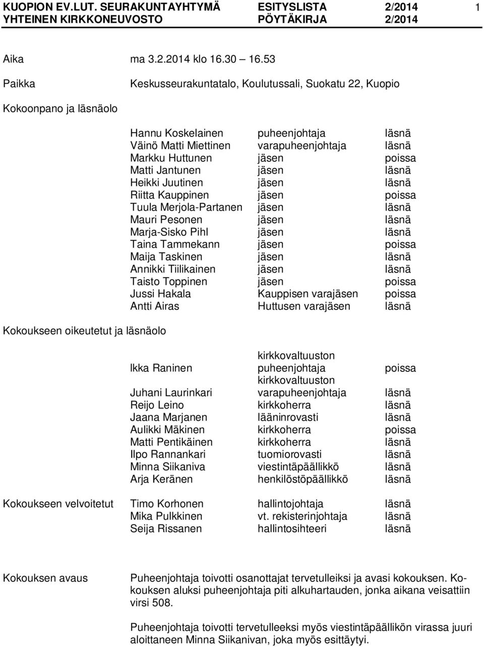 läsnä Markku Huttunen jäsen poissa Matti Jantunen jäsen läsnä Heikki Juutinen jäsen läsnä Riitta Kauppinen jäsen poissa Tuula Merjola-Partanen jäsen läsnä Mauri Pesonen jäsen läsnä Marja-Sisko Pihl