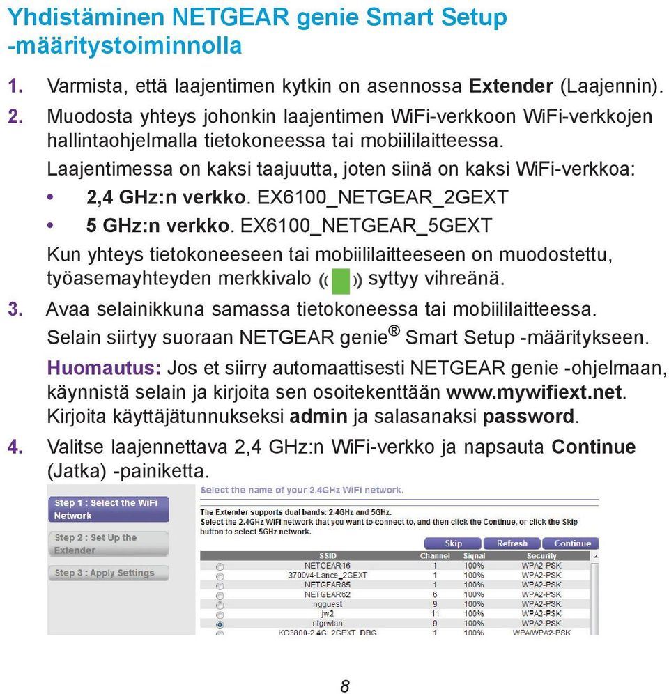 Laajentimessa on kaksi taajuutta, joten siinä on kaksi WiFi-verkkoa: 2,4 GHz:n verkko. EX6100_NETGEAR_2GEXT 5 GHz:n verkko.