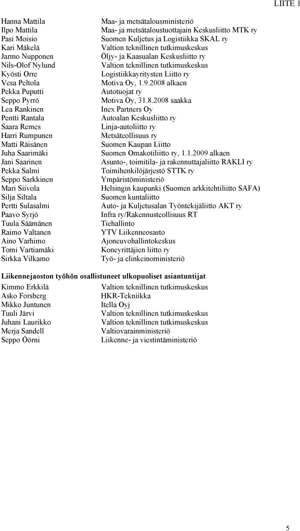 Vilkamo Maa- ja metsätalousministeriö Maa- ja metsätaloustuottajain Keskusliitto MTK ry Suomen Kuljetus ja Logistiikka SKAL ry Valtion teknillinen tutkimuskeskus Öljy- ja Kaasualan Keskusliitto ry