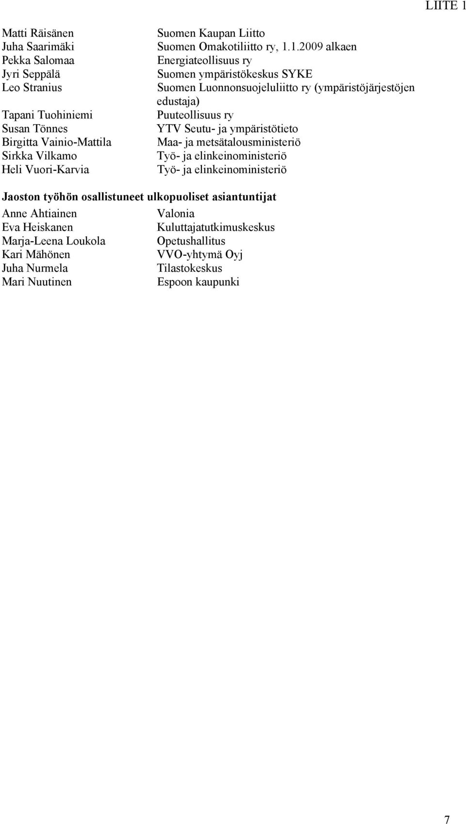 1.2009 alkaen Energiateollisuus ry Suomen ympäristökeskus SYKE Suomen Luonnonsuojeluliitto ry (ympäristöjärjestöjen edustaja) Puuteollisuus ry YTV Seutu- ja ympäristötieto Maa-
