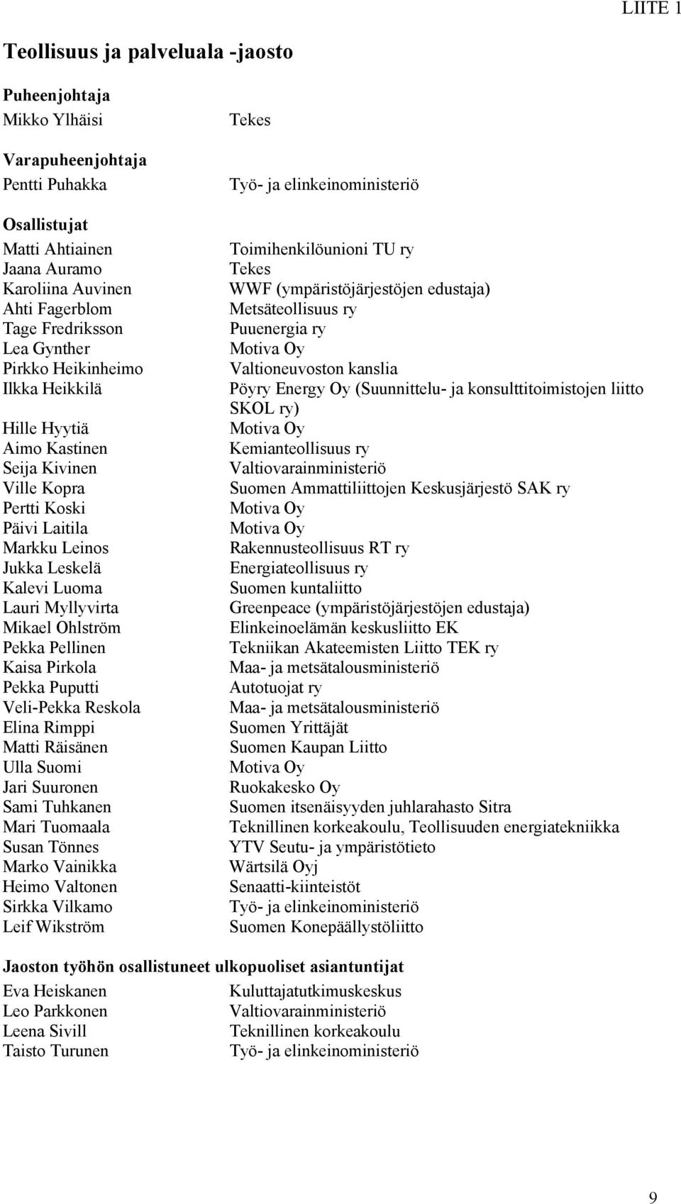 Pekka Pellinen Kaisa Pirkola Pekka Puputti Veli-Pekka Reskola Elina Rimppi Matti Räisänen Ulla Suomi Jari Suuronen Sami Tuhkanen Mari Tuomaala Susan Tönnes Marko Vainikka Heimo Valtonen Sirkka