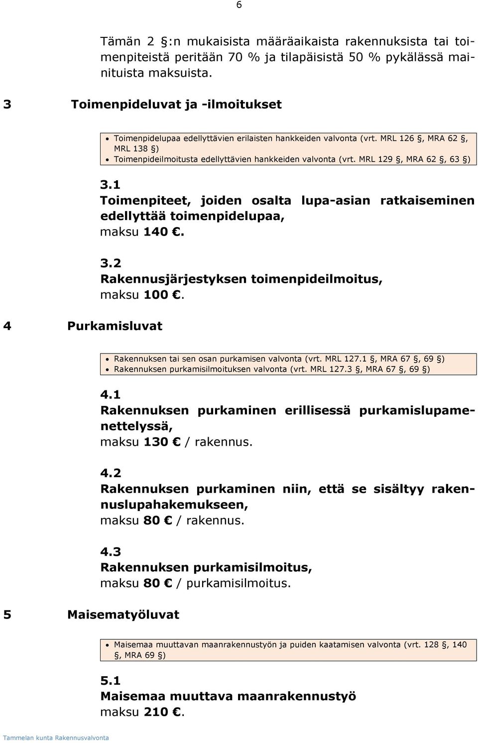 MRL 129, MRA 62, 63 ) 4 Purkamisluvat 3.1 Toimenpiteet, joiden osalta lupa-asian ratkaiseminen edellyttää toimenpidelupaa, maksu 140. 3.2 Rakennusjärjestyksen toimenpideilmoitus, maksu 100.