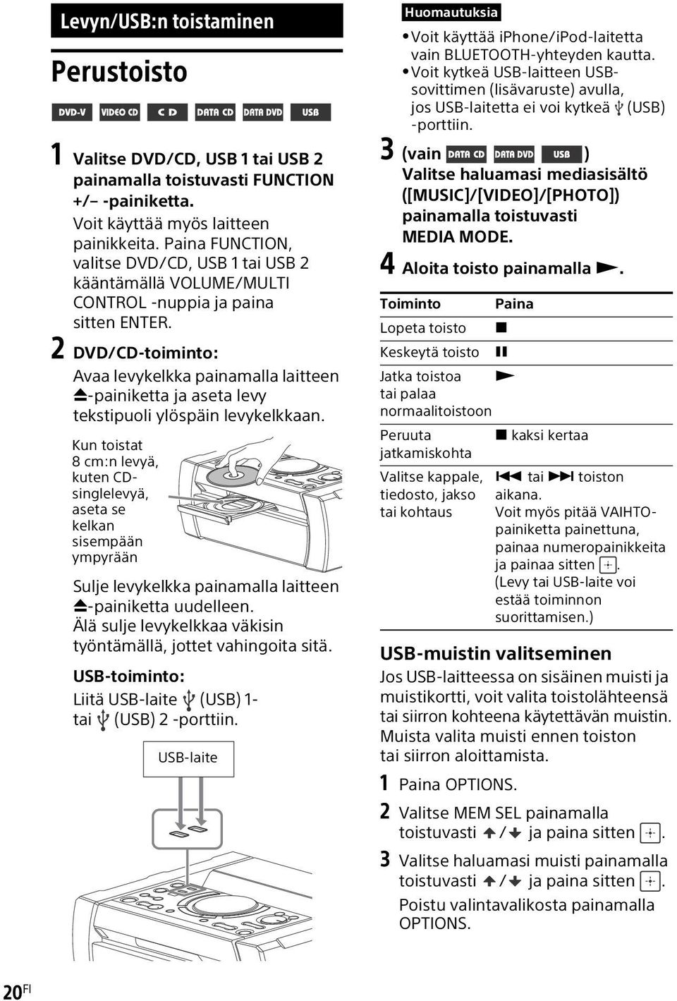 2 DVD/CD-toiminto: Avaa levykelkka painamalla laitteen -painiketta ja aseta levy tekstipuoli ylöspäin levykelkkaan.