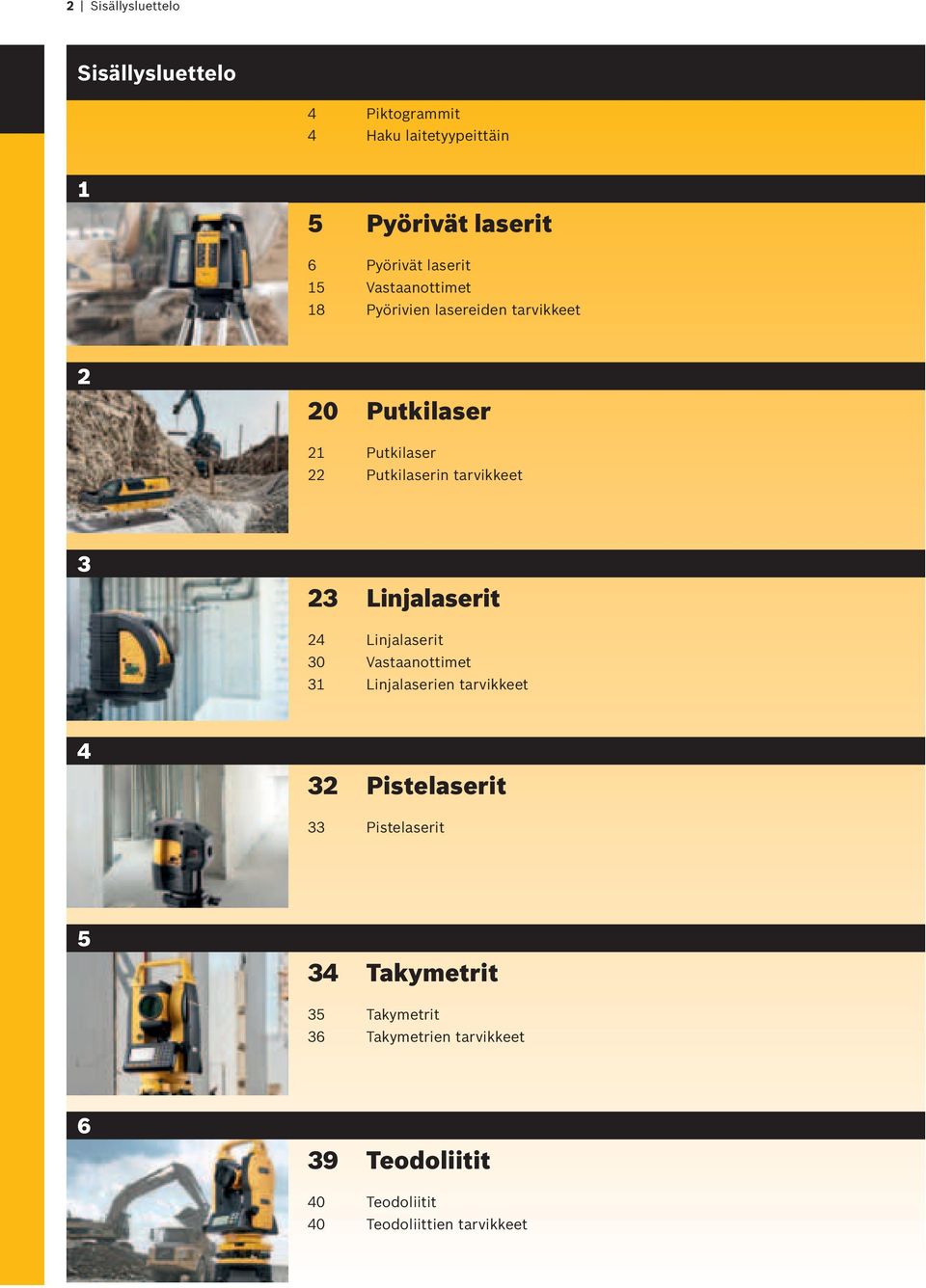 tarvikkeet 3 23 Linjalaserit 24 Linjalaserit 30 Vastaanottimet 3 Linjalaserien tarvikkeet 4 32 Pistelaserit 33