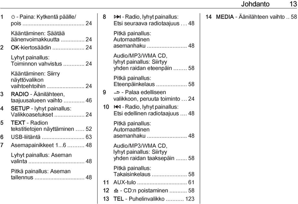.. 48 Pitkä painallus: Aseman tallennus... 48 8 3 - Radio, lyhyt painallus: Etsi seuraava radiotaajuus...48 Pitkä painallus: Automaattinen asemanhaku.