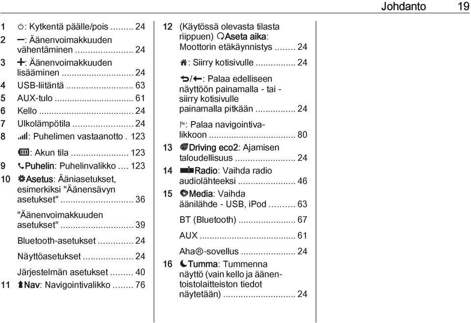 ..39 Bluetooth-asetukset... 24 Näyttöasetukset... 24 Järjestelmän asetukset... 40 11 ýnav: Navigointivalikko... 76 12 (Käytössä olevasta tilasta riippuen) ßAseta aika: Moottorin etäkäynnistys.