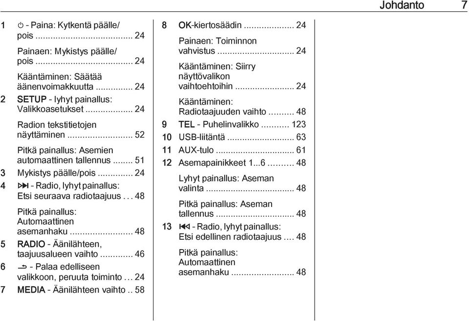 ..48 Pitkä painallus: Automaattinen asemanhaku... 48 5 RADIO - Äänilähteen, taajuusalueen vaihto... 46 6 / - Palaa edelliseen valikkoon, peruuta toiminto... 24 7 MEDIA - Äänilähteen vaihto.