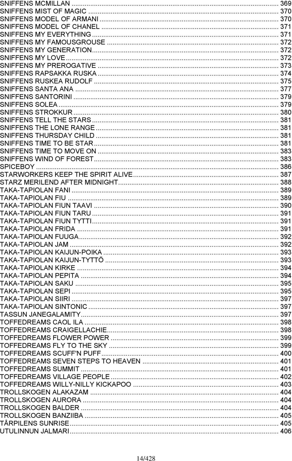 .. 379 SNIFFENS SOLEA... 379 SNIFFENS STROKKUR... 380 SNIFFENS TELL THE STARS... 381 SNIFFENS THE LONE RANGE... 381 SNIFFENS THURSDAY CHILD... 381 SNIFFENS TIME TO BE STAR.