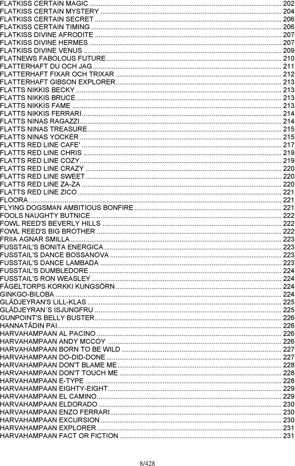 .. 213 FLATTS NIKKIS BRUCE... 213 FLATTS NIKKIS FAME... 213 FLATTS NIKKIS FERRARI... 214 FLATTS NINAS RAGAZZI... 214 FLATTS NINAS TREASURE... 215 FLATTS NINAS YOCKER... 215 FLATTS RED LINE CAFE'.
