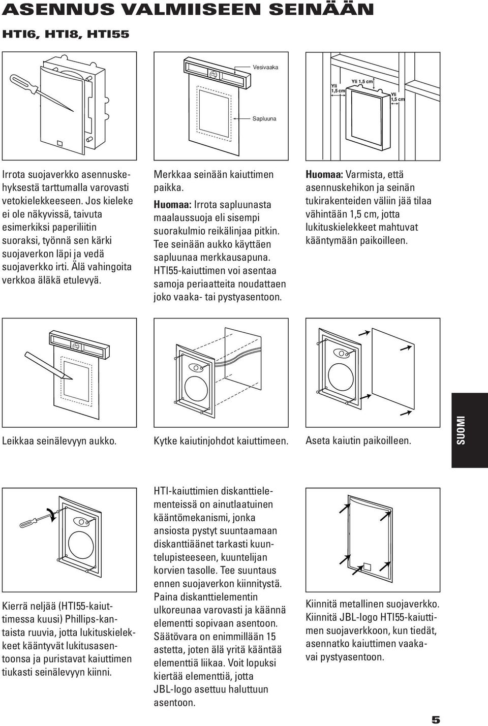 Merkkaa seinään kaiuttimen paikka. Huomaa: Irrota sapluunasta maalaussuoja eli sisempi suorakulmio reikälinjaa pitkin. Tee seinään aukko käyttäen sapluunaa merkkausapuna.