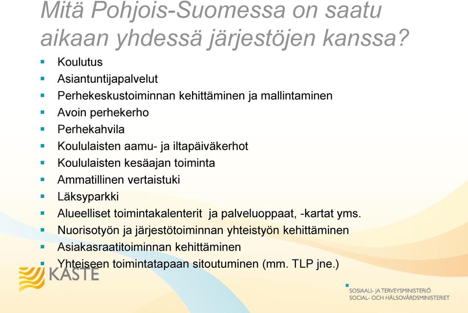 Koululaisten aamu- ja iltapäiväkerhot Koululaisten kesäajan toiminta Ammatillinen vertaistuki Läksyparkki Alueelliset