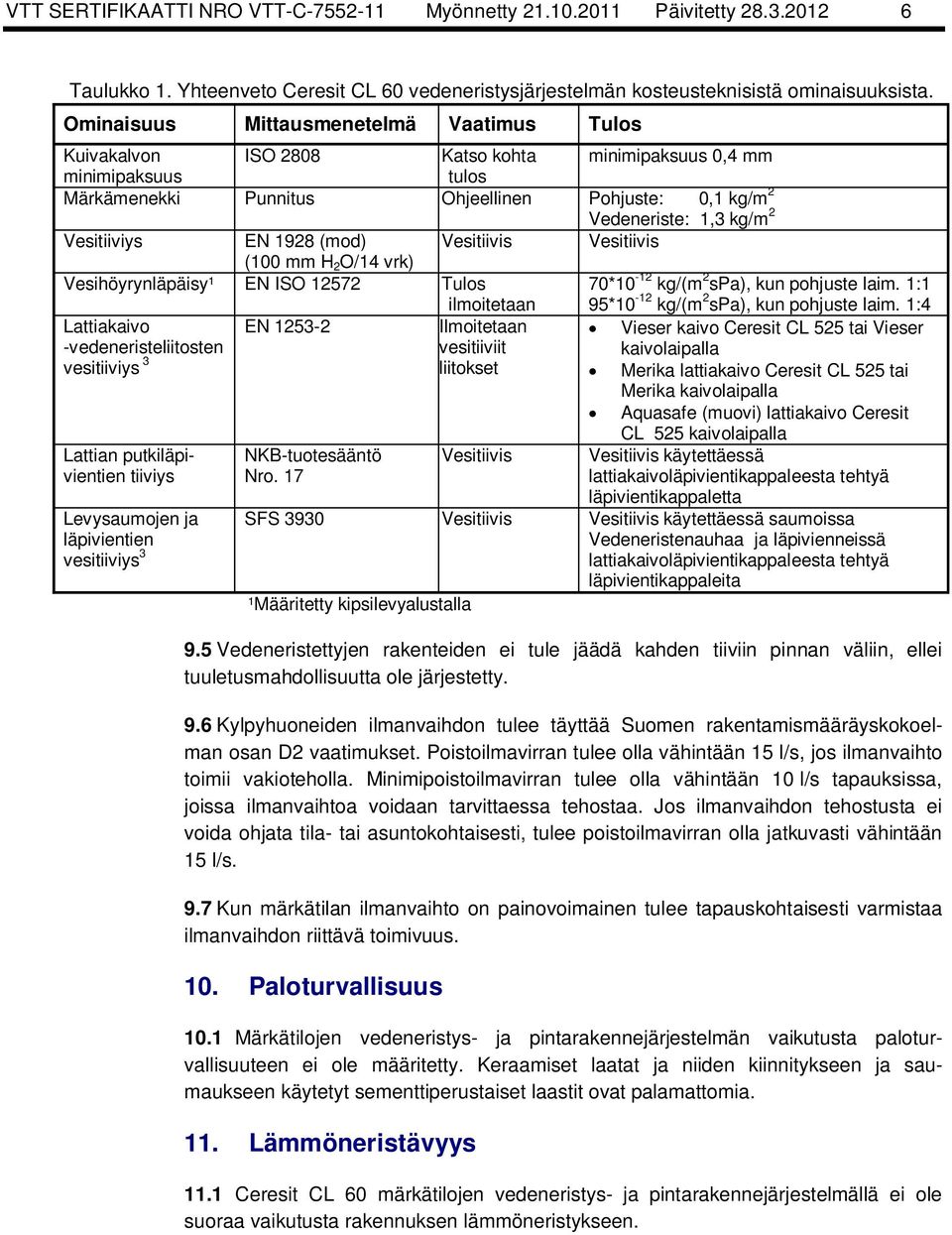 mm H O/14 vrk) Vesitiivis Vesihöyrynläpäisy¹ EN ISO 157 Tulos ilmoitetaan Lattiakaivo EN 153- Ilmoitetaan -vedeneristeliitosten vesitiiviit vesitiiviys 3 liitokset Lattian putkiläpivientien tiiviys