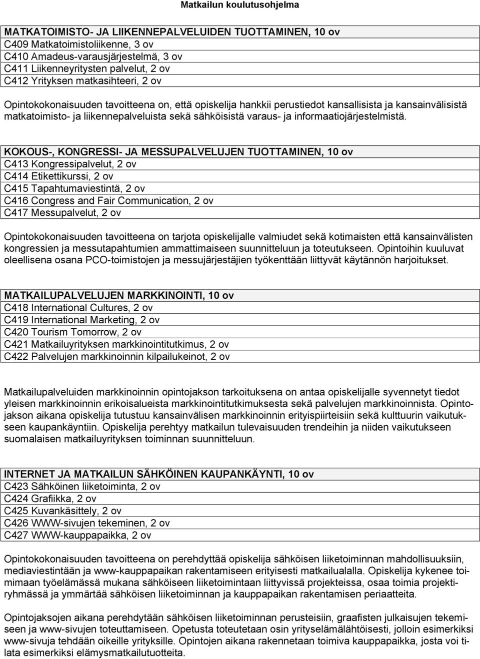 KOKOUS-, KONGRESSI- JA MESSUPALVELUJEN TUOTTAMINEN, 10 ov C413 Kongressipalvelut, 2 ov C414 Etikettikurssi, 2 ov C415 Tapahtumaviestintä, 2 ov C416 Congress and Fair Communication, 2 ov C417