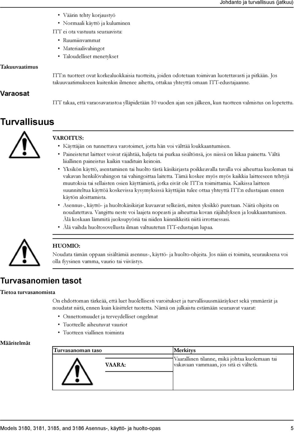 ITT takaa, että varaosavarastoa ylläpidetään 10 vuoden ajan sen jälkeen, kun tuotteen valmistus on lopetettu.