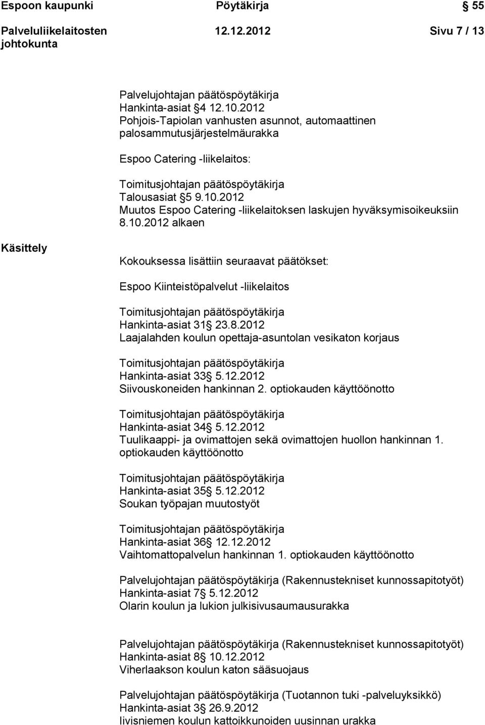 2012 Muutos Espoo Catering -liikelaitoksen laskujen hyväksymisoikeuksiin 8.10.