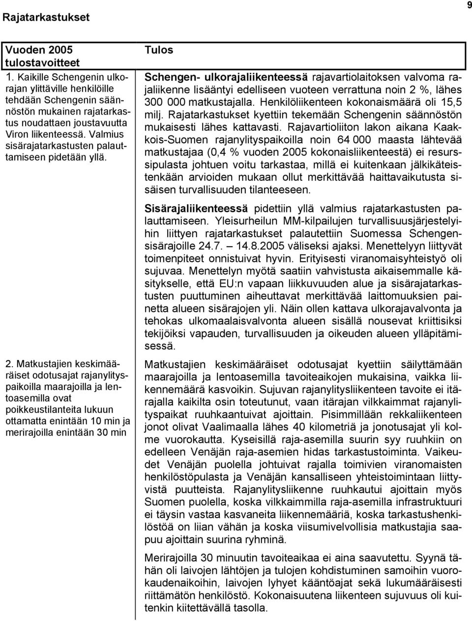 Matkustajien keskimääräiset odotusajat rajanylityspaikoilla maarajoilla ja lentoasemilla ovat poikkeustilanteita lukuun ottamatta enintään 10 min ja merirajoilla enintään 30 min Tulos Schengen-