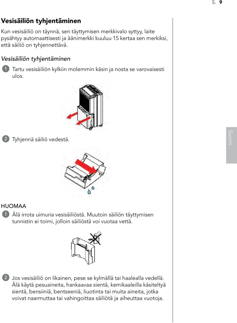 HUOMAA 1 Älä irrota uimuria vesisäiliöstä. Muutoin säiliön täyttymisen tunnistin ei toimi, jolloin säiliöstä voi vuotaa vettä.