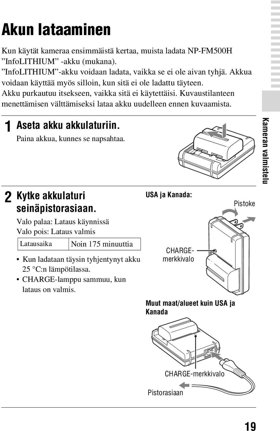 Kuvaustilanteen menettämisen välttämiseksi lataa akku uudelleen ennen kuvaamista. 1 2 Aseta akku akkulaturiin. Paina akkua, kunnes se napsahtaa. Kytke akkulaturi seinäpistorasiaan.