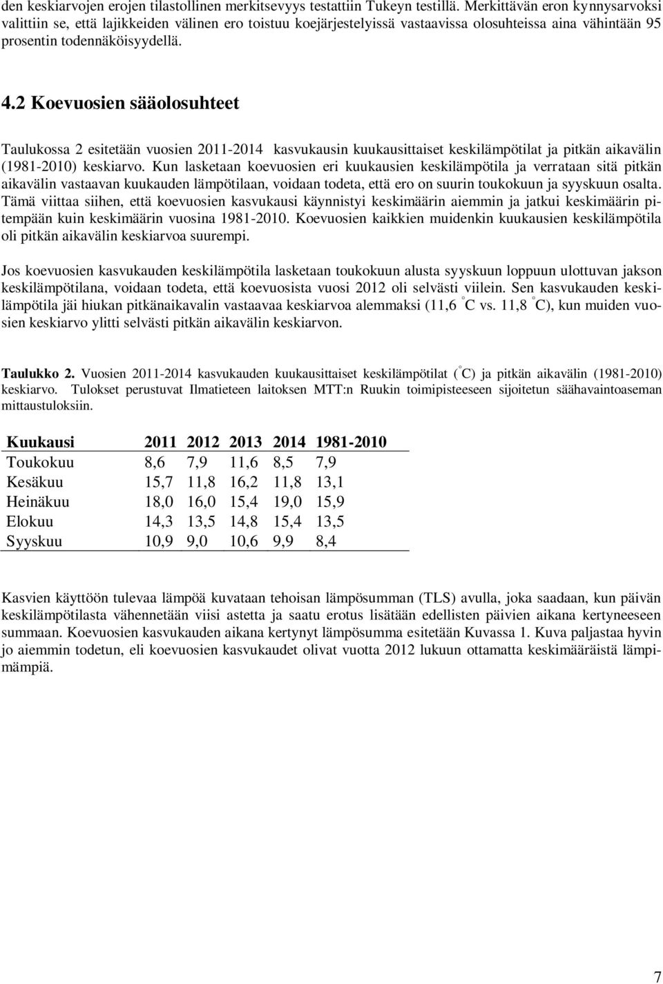 2 Koevuosien sääolosuhteet Taulukossa 2 esitetään vuosien 2011-2014 kasvukausin kuukausittaiset keskilämpötilat ja pitkän aikavälin (1981-2010) keskiarvo.