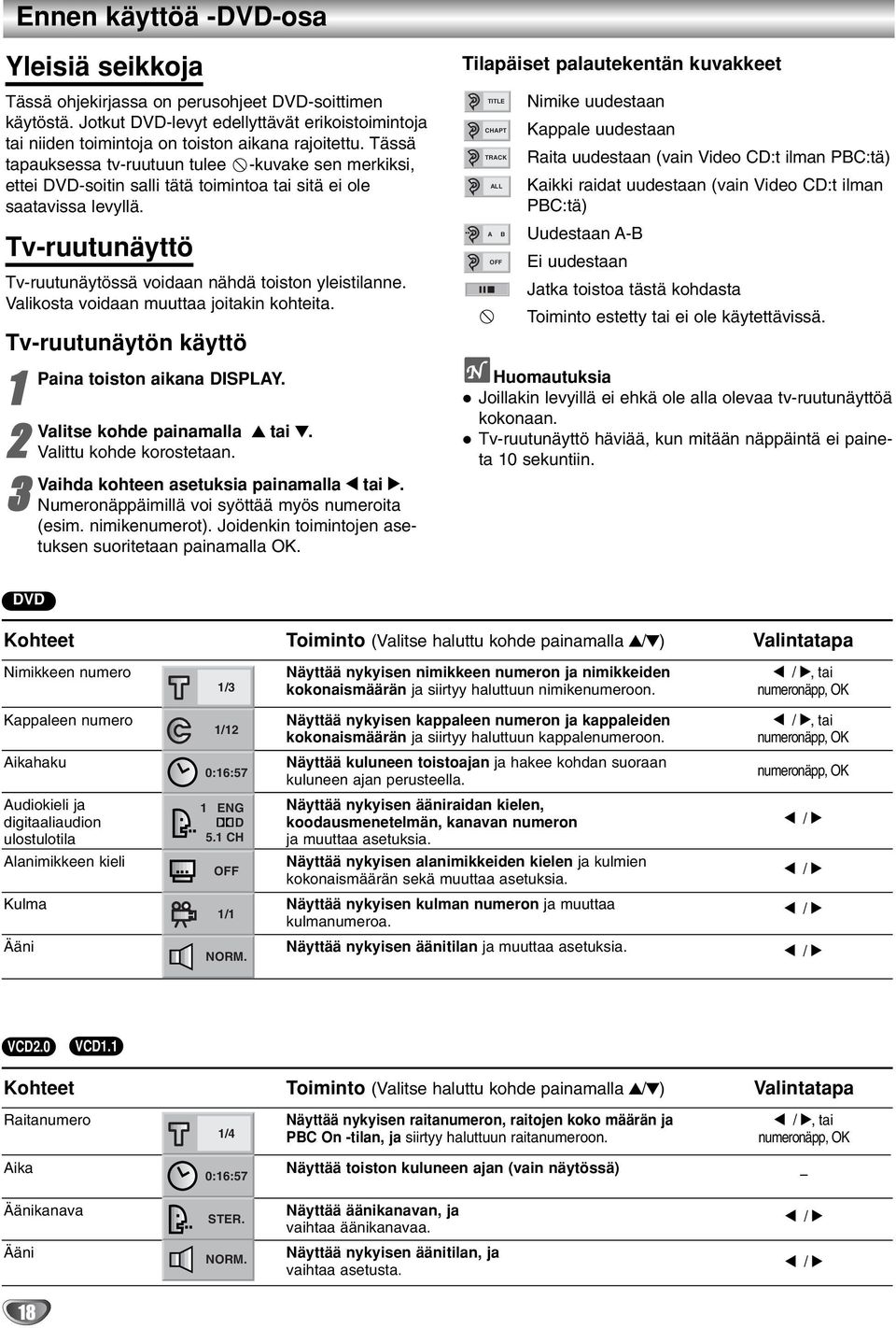 Valkosta vodaan muuttaa jotakn kohteta. Tv-ruutunäytön käyttö Pana toston akana DISPLAY. Valtse kohde panamalla ta. Valttu kohde korostetaan. Vahda kohteen asetuksa panamalla ta.