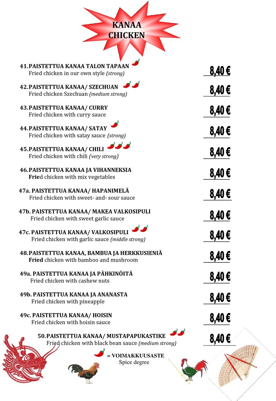 PAISTETTUA KANAA JA VIHANNEKSIA Fried chicken with mix vegetables 47a. PAISTETTUA KANAA/ HAPANIMELÄ Fried chicken with sweet- and- sour sauce 47b.