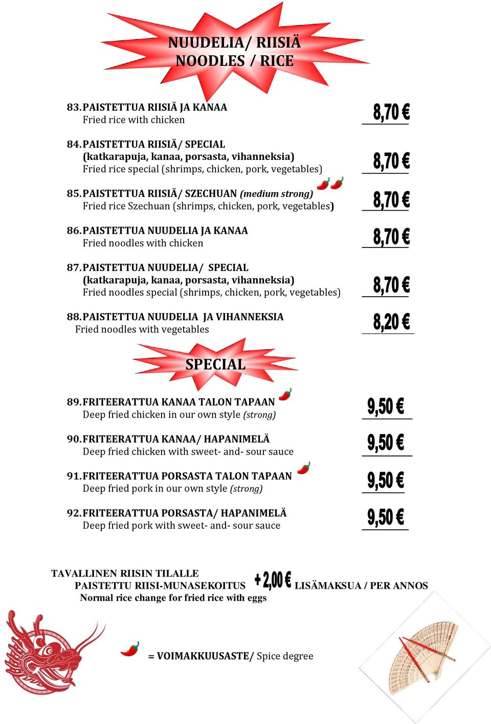 PAISTETTUA RIISIÄ/ SZECHUAN (medium strong) Fried rice Szechuan (shrimps, chicken, pork, vegetables) 86. PAISTETTUA NUUDELIA JA KANAA Fried noodles with chicken 87.