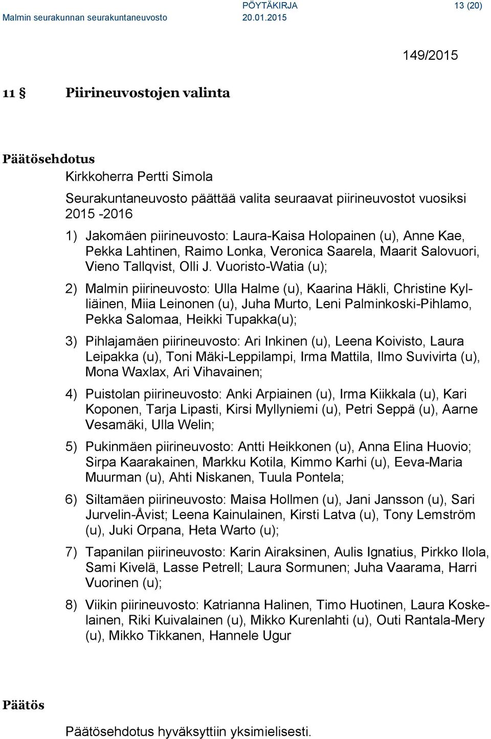 Vuoristo-Watia (u); 2) Malmin piirineuvosto: Ulla Halme (u), Kaarina Häkli, Christine Kylliäinen, Miia Leinonen (u), Juha Murto, Leni Palminkoski-Pihlamo, Pekka Salomaa, Heikki Tupakka(u); 3)