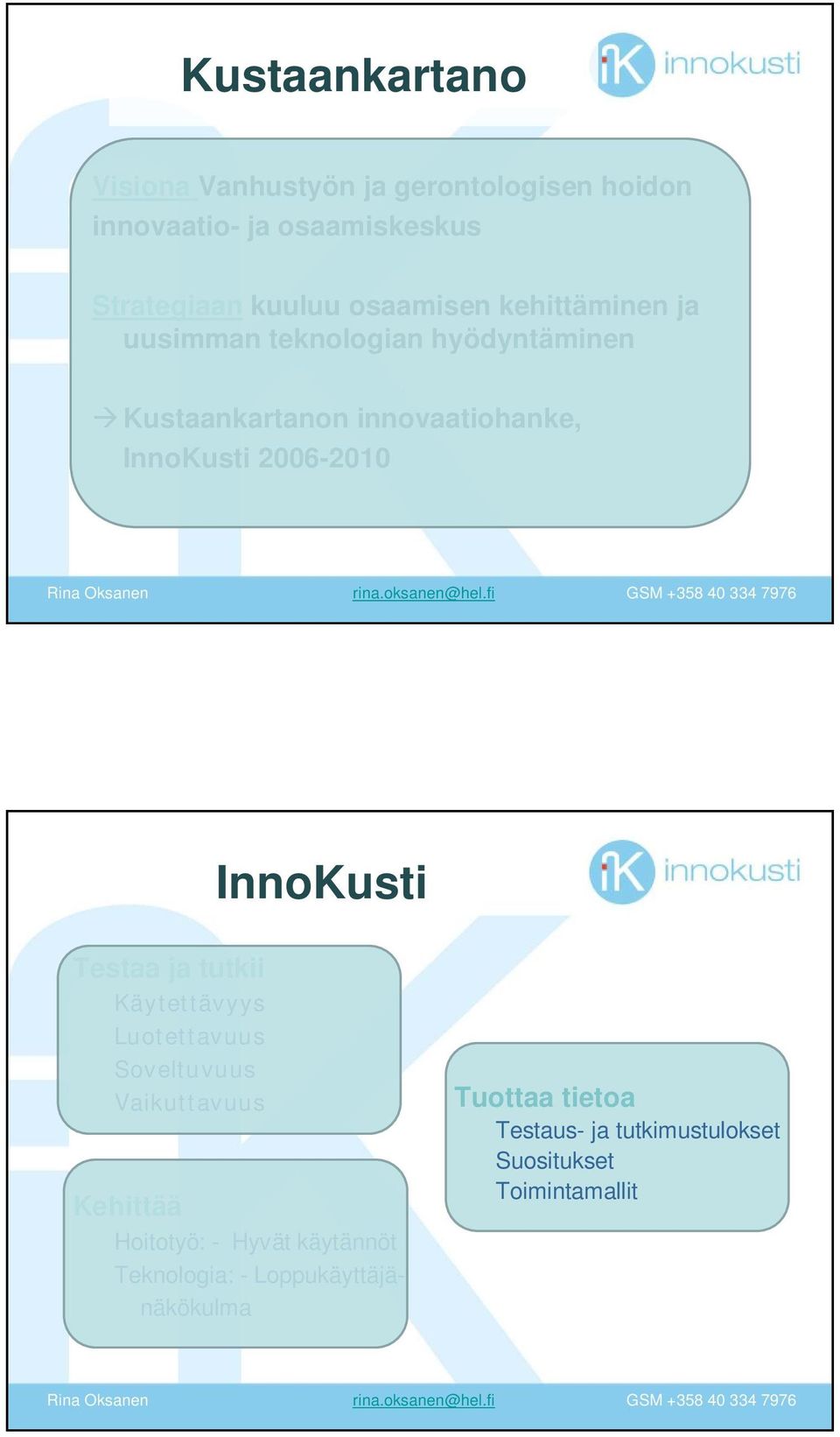 2006-2010 InnoKusti Testaa ja tutkii Käytettävyys Luotettavuus Soveltuvuus Vaikuttavuus Kehittää Hoitotyö: -