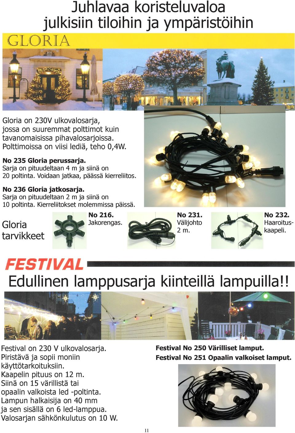 Kierreliitokset molemmissa päissä. Gloria tarvikkeet No 216. Jakorengas. No 231. Välijohto 2 m. No 232. Haaroituskaapeli. Edullinen lamppusarja kiinteillä lampuilla!! Festival on 230 V ulkovalosarja.