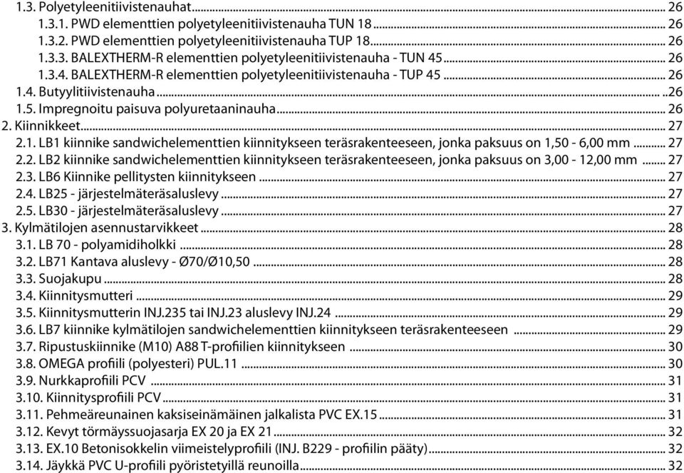 .. 27 2.2. LB2 kiinnike sandwichelementtien kiinnitykseen teräsrakenteeseen, jonka paksuus on 3,00-12,00 mm... 27 2.3. LB6 Kiinnike pellitysten kiinnitykseen... 27 2.4.