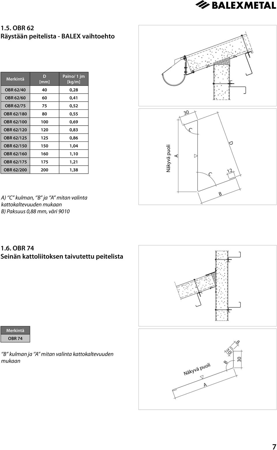 175 1,21 OBR 62/200 200 1,3 C D 12 ) C kulman, B ja mitan valinta kattokaltevuuden mukaan B) Paksuus 0, mm, väri 9010 B