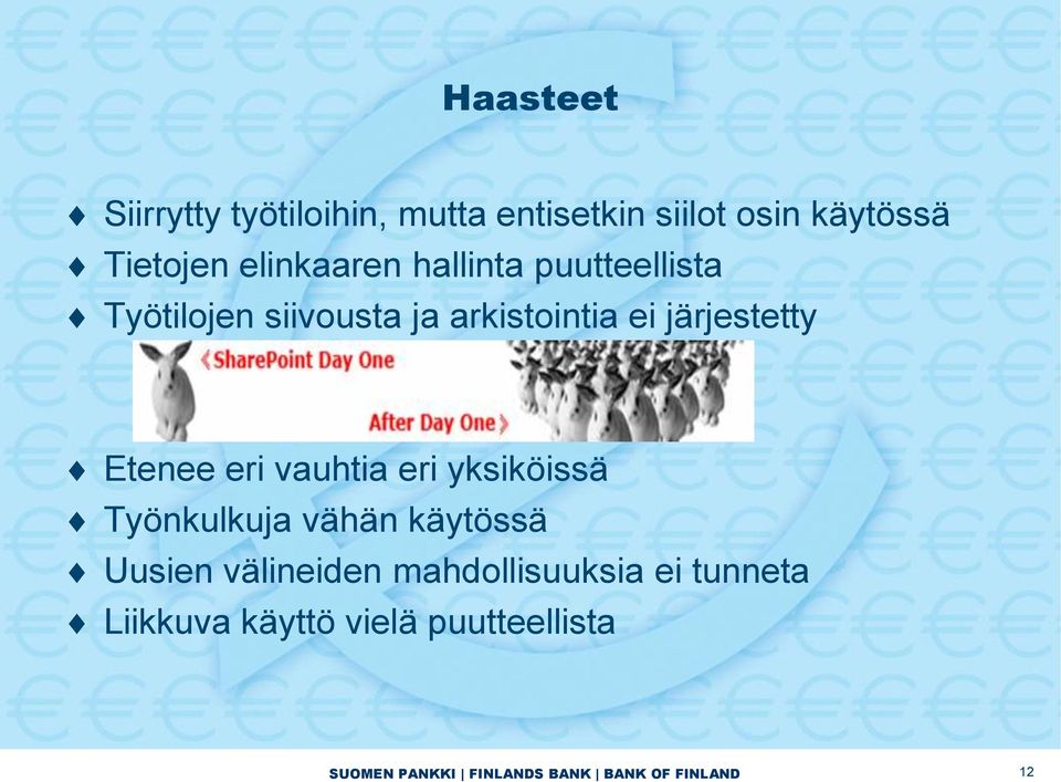 Etenee eri vauhtia eri yksiköissä Työnkulkuja vähän käytössä Uusien välineiden