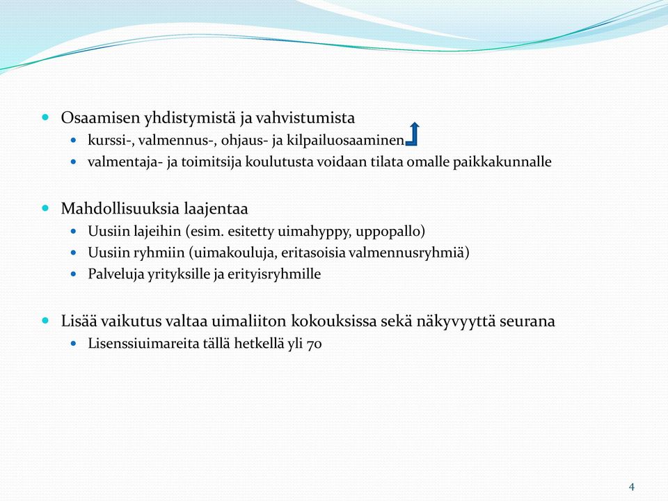 esitetty uimahyppy, uppopallo) Uusiin ryhmiin (uimakouluja, eritasoisia valmennusryhmiä) Palveluja yrityksille ja