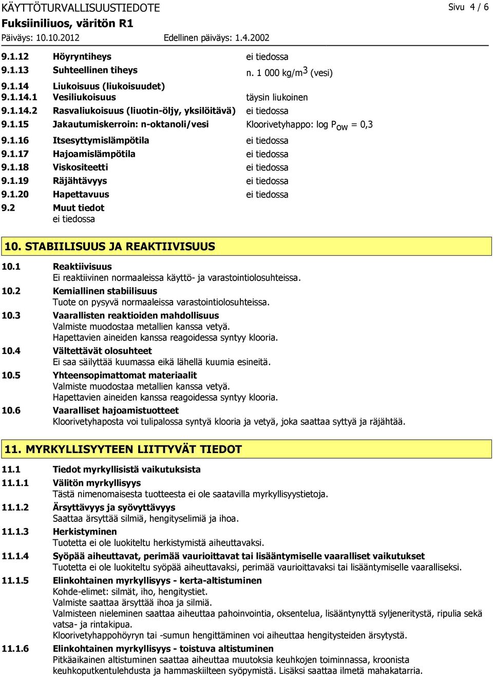 1.20 Hapettavuus ei tiedossa 9.2 Muut tiedot ei tiedossa 10. STABIILISUUS JA REAKTIIVISUUS 10.1 Reaktiivisuus Ei reaktiivinen normaaleissa käyttö- ja varastointiolosuhteissa. 10.2 Kemiallinen stabiilisuus Tuote on pysyvä normaaleissa varastointiolosuhteissa.