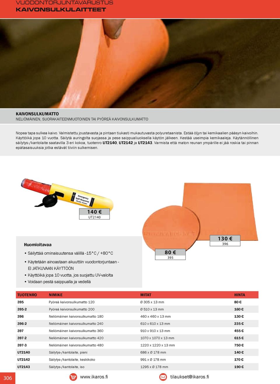 Säilytä auringolta suojassa ja pese saippualiuoksella käytön jälkeen. Kestää useimpia kemikaaleja. Käytännöllinen säilytys-/kantolaite saatavilla 3 eri kokoa, tuotenro UT2140, UT2142 ja UT2143.