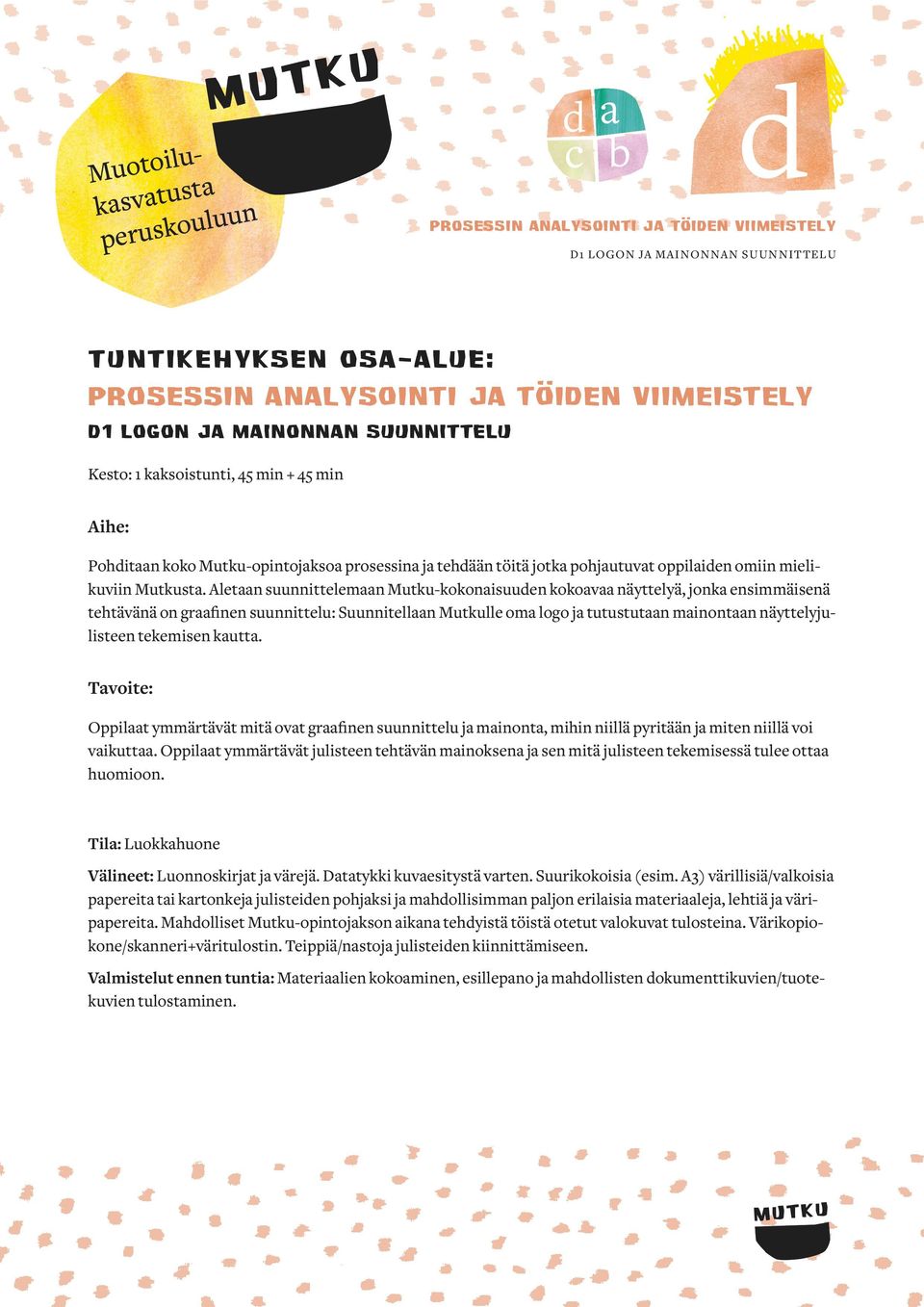 Aletaan suunnittelemaan Mutku-kokonaisuuen kokoavaa näyttelyä, jonka ensimmäisenä tehtävänä on graafinen suunnittelu: Suunnitellaan Mutkulle oma logo ja tutustutaan mainontaan näyttelyjulisteen