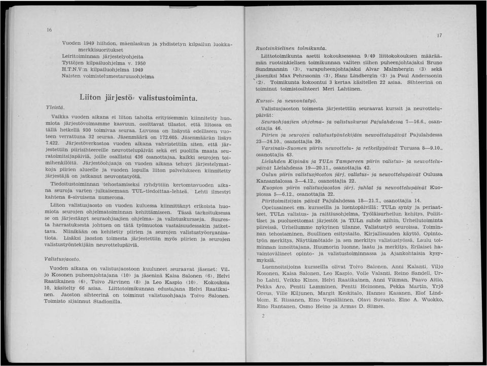 Vaikka vuoden aikana ei liiton taholta erityisemmin kiinnitetty huomiota järjestövoimamme kasvuun, osoittavat tilastot. että liitossa on tällä hetkellä 930 toimivaa seuraa.