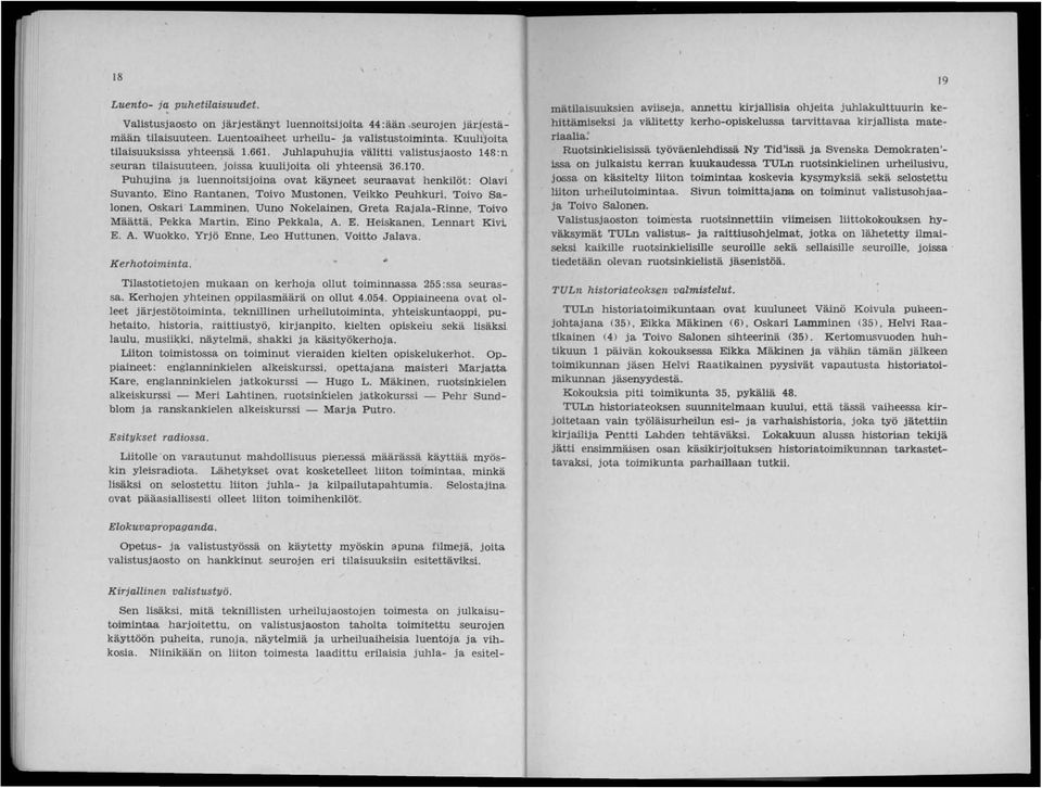 Puhujina ja luennoitsijoina ovat käyneet seuraavat henkilöt: Olavi Suvanto, Eino Rantanen, Toivo Mustonen, Veikko Peuhkuri, Toivo Salonen, Oskari Lamminen, Uuno Nokelainen, Greta Rajala-Rinne, Toivo